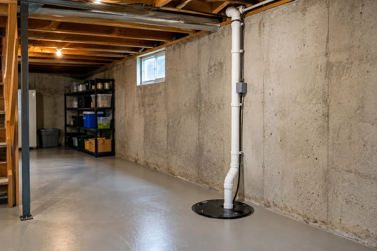 Basement radon sump and mitigation piping