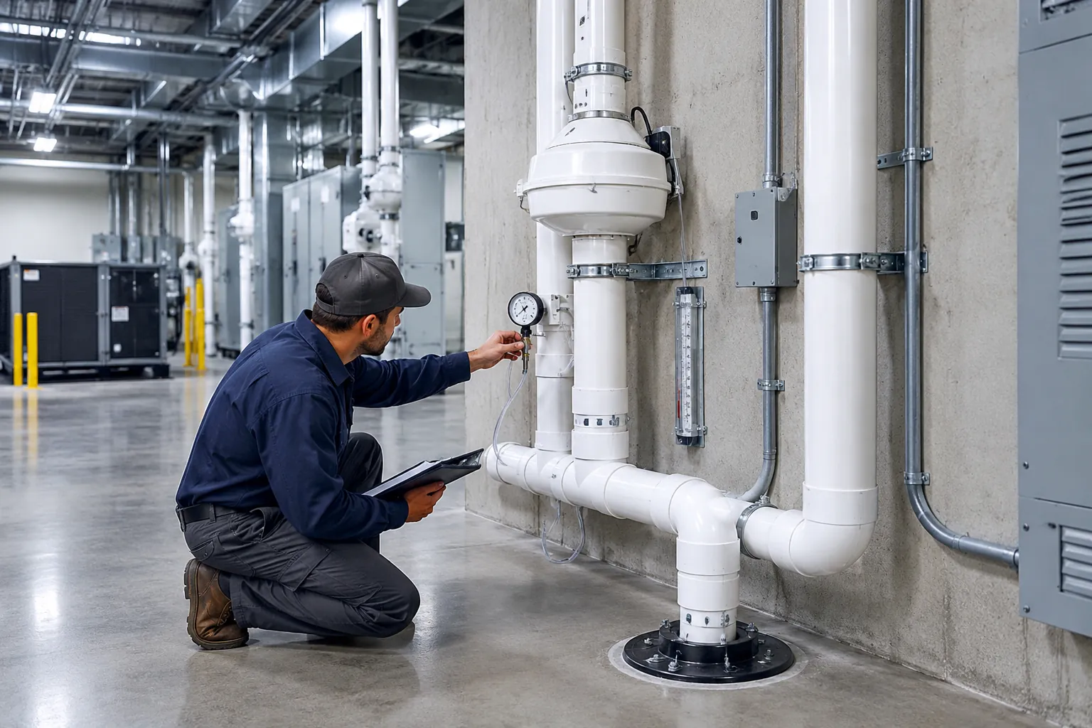 Technician checking the pressure gauge on a radon mitigation system in a commercial building mechanical room
