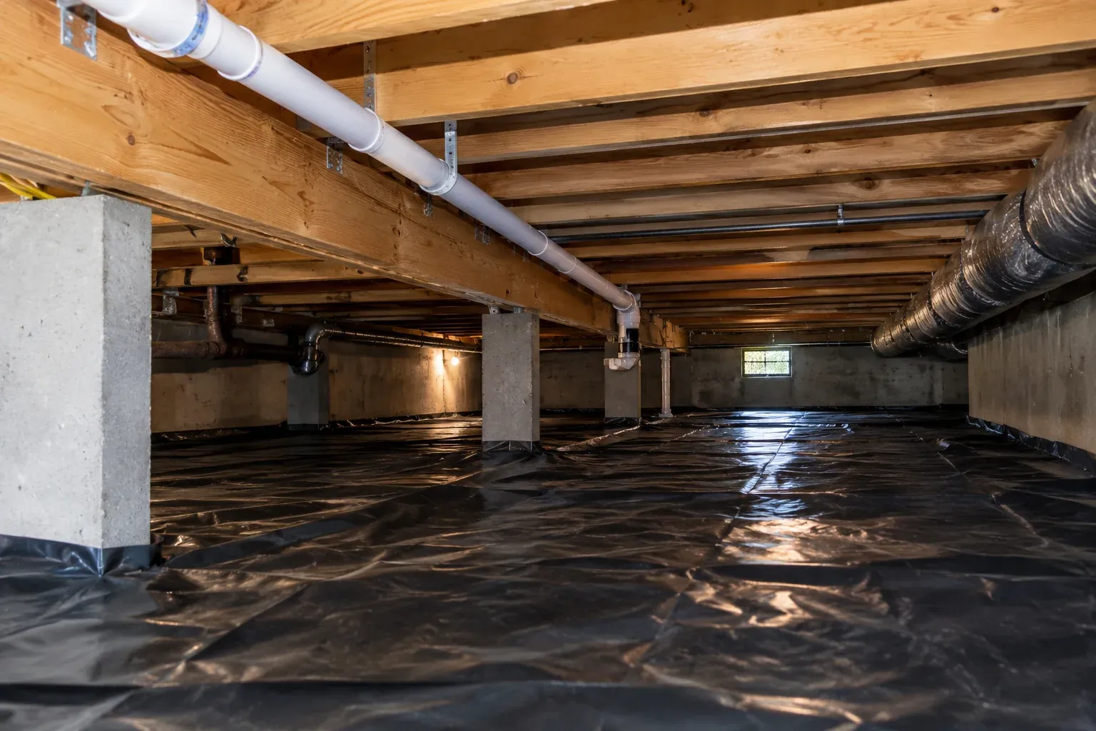 Radon piping in a lower-level building space