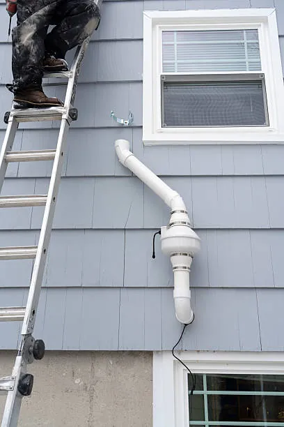 Radon vent fan and pipe mounted on the exterior siding of a house