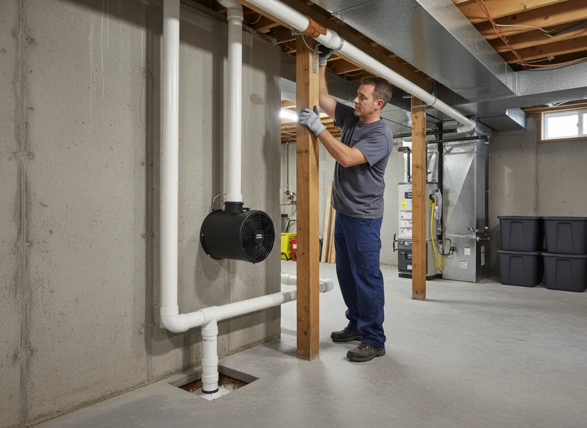 Technician working on radon system piping and fan in a basement