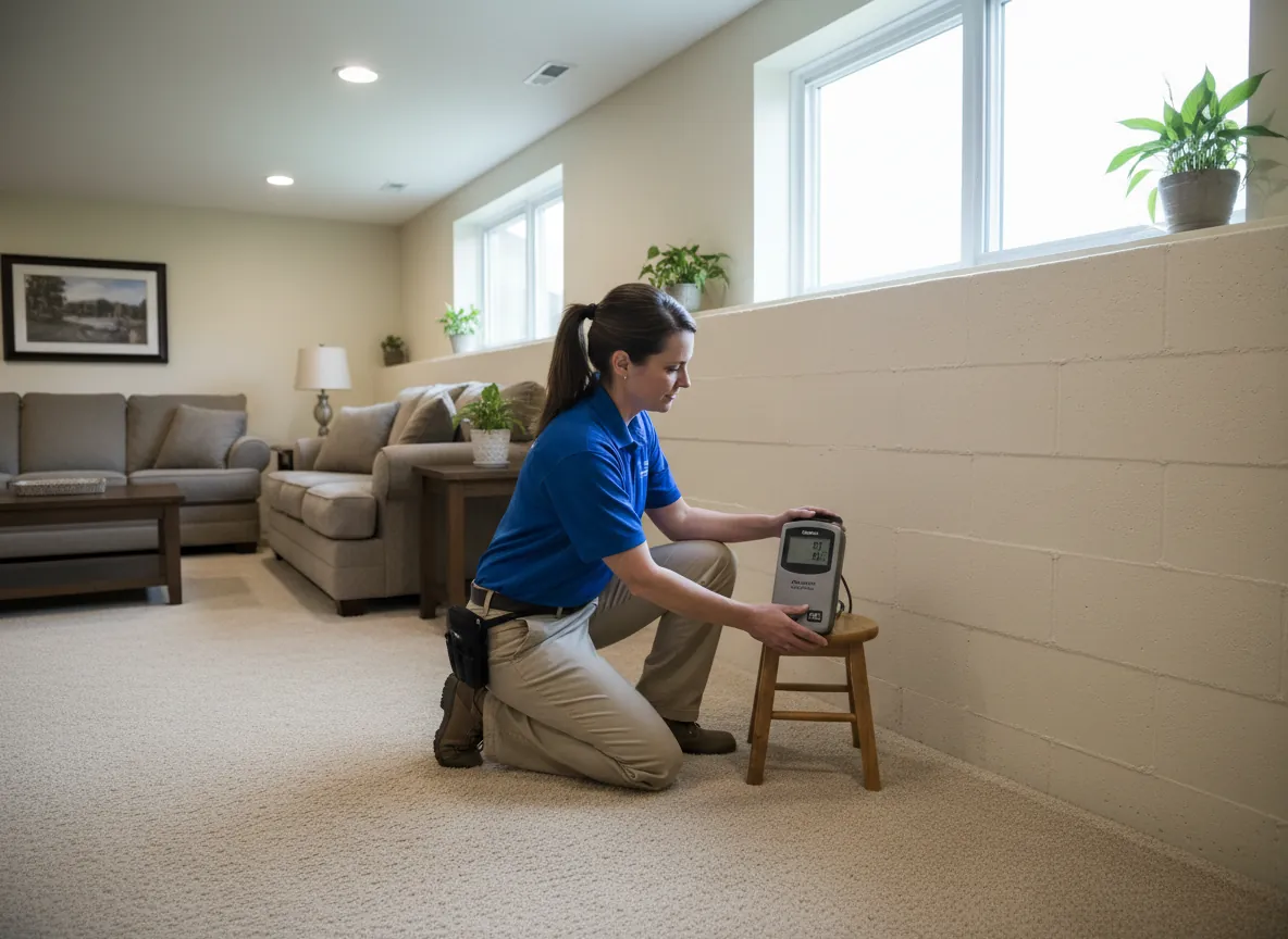 Technician placing a radon test monitor on a stool in a finished basement